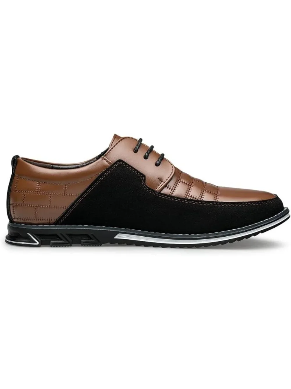 Men's Brown Plaid Embossed Grid Leather Comfortable Hybrid Oxford Dress Sneakers